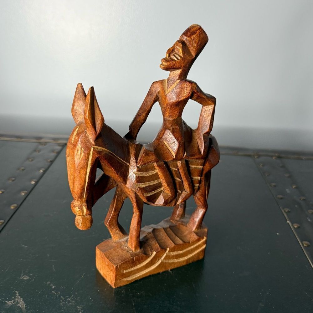 Vintage Primitive Aifrican Wood Carving a Man on Mule  8"